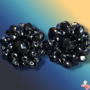 Signed Made In Western Germany Black Cluster Clip On Earrings Vintage 883